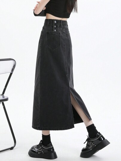 Women's Casual Fashionable Denim Skirt With Split Side