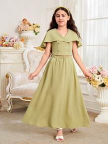 Set di camicia e gonna coordinati per ragazze pre-adolescenti, 2 pezzi, carino, con colletto abbinato, con camicia corta avanti e lunga dietro e gonna