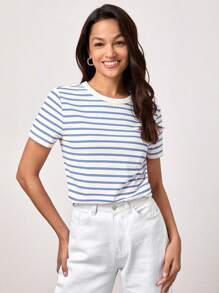 SHEIN BASICS Striped Print Round Neck Casual Tee For Summer