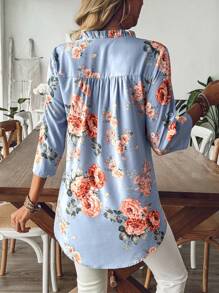 SHEIN LUNE 女款V領花卉印花優雅休閒襯衫 - 藍色 - 查看 2
