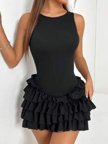 SHEIN EZwear 女士時尚圓領純色修身雙層連衣裙