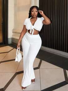 Slaydiva Conjunto casual de top corto con mangas, cuello en V y detalle de nudo, y pantalones rectos con solapa - B