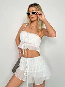 Easelle Conjunto de 2 piezas para mujer: Top sin mangas plisado con tirantes finos y shorts con capas, unicolor, para el verano.