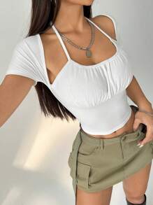 SHEIN Unity 夏季女性實色空心胸部荷葉邊細肩背心緊身T卹 - 白色 - 查看 6