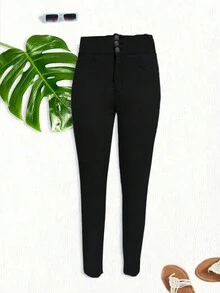 Jeans skinny a vita alta stretti da donna con tre bottoni - nero - Visualizzare 4