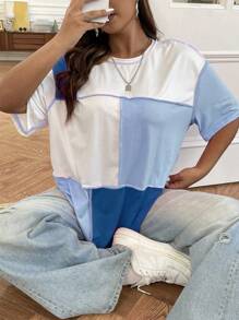 Flirla Plus Colorblock Top-Stitching Drop Shoulder Tee Women Graphic Tee Top For Summer - Blue and White - View 1