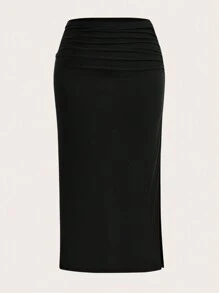 SHEIN EZwear Plus Solid Ruched Split Thigh Skirt