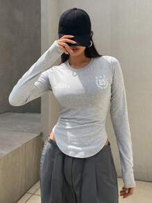 DAZY 女式春夏字母印花裹身下摆弧形下摆针织衫，秋季服装学院风上衣长袖女式上衣