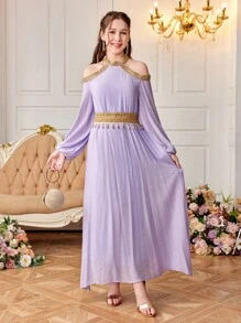 SHEIN Teen Girl Woven Solid Color Splicing Gold Ribbon Tassel Off-Shoulder Long Casual Dress