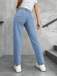 SHEIN Cottnline Solid Color Tapered Jeans - Blue - View 2