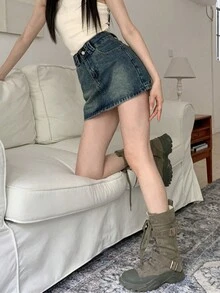 High-Waisted A-Line Summer Washed Denim Skirt - Blue - View 6