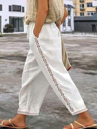 Pantaloni eleganti casuali da donna con gamba dritta, vita elastica e ricamo laterale in pizzo