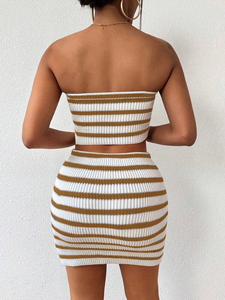 Women Summer Color Block Striped Bodycon Strapless Midi Dress And Sweater Two-Piece