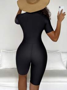 SHEIN Swim Women's Half-Zip Short Sleeve Summer Beach Rashguard With Zipper - Multicolor - View 2