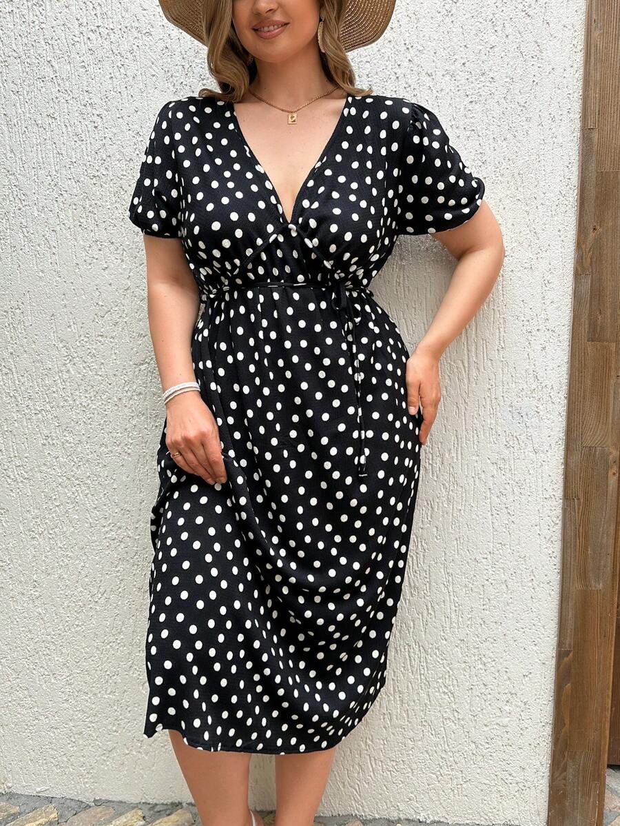 SHEIN Cottnline Plus Size Women's Printed Cinched Waist Puff Sleeve Dress - Black and White - View 1