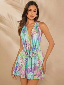 SHEIN Unity Floral Draped Plunge Neck Halter Backless Romper - Blue - View 1
