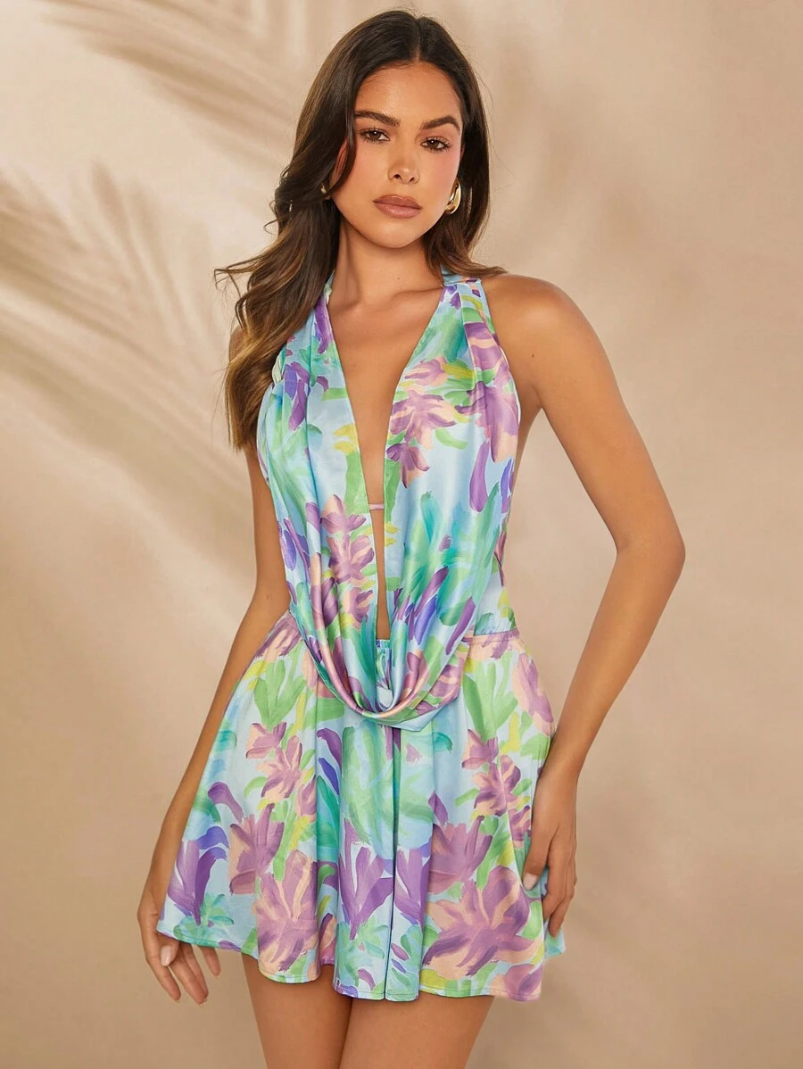 SHEIN Unity Floral Draped Plunge Neck Halter Backless Romper - Blue - View 1