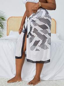 SHEIN Swim Curve Summer Beach Plus Size Dotted Line Printed Split Hem Contrasting Edge Tie Front Cover-Up