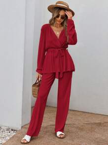 RueChic Plunging Neck Belted Top & Pants - Red - View 1
