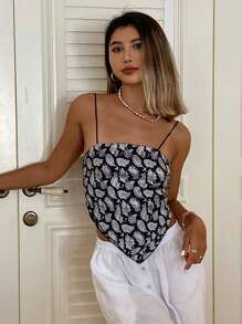 DAZY Top camisero asimétrico de verano con estampado completo para vacaciones, blusas bohemias