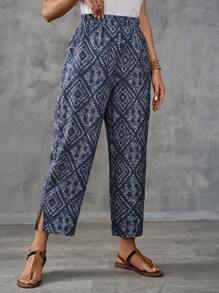SHEIN LUNE Women's Vintage Printed Simple Casual Daily Trousers - Multicolor - View 2