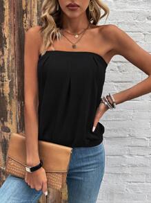 SHEIN LUNE Women's Solid Color Strapless Top For Daily Wear, Spring/Summer - Black - View 5