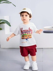 SHEIN Baby Boy Or Baby Girl Cartoon Animal Pattern Soft Knit Round Neck Short Sleeve Top And Solid Color Shorts 2pcs/Set