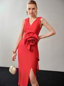 MOTF PREMIUM 立體立體的花紋裝飾分裂大腿連衣裙 - 紅色 - 查看 7