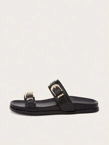 Casual Black Flat Sandals With Metal Square Buckle, Ideal For Vacation