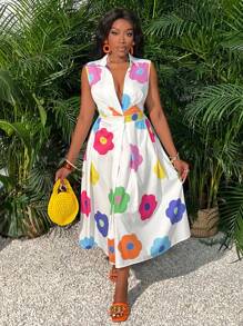 Slaydiva Elegantes & frisches ärmelloses Hemdkleid mit A-Linien-Kleidunterseite und Taillengürtel, mehrfarbiger Floral Jacquard-Muster, perfekt für Urlaub, Arbeit, Party und Sommer-Treffen