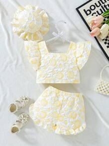 SHEIN Baby Girl Jacquard Ruffle Armhole Tank Top And Shorts Set With Hat, Summer Outfit - Yellow - View 2