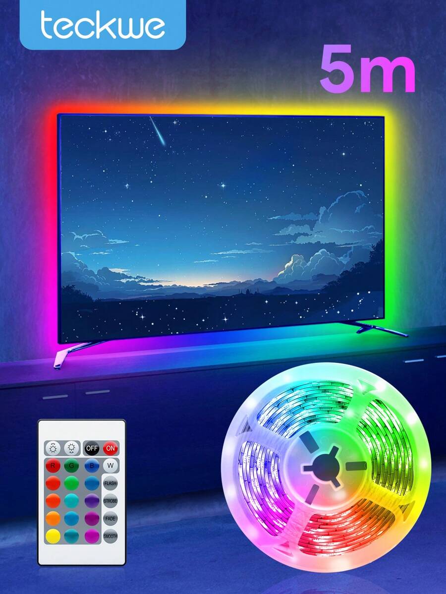 Teckwe Luces LED en tira, Luces LED RGB en tira con control remoto de 24 teclas para decoración del hogar, iluminación para ambiente de fiesta, fácil de instalar, iluminación para ambiente de celebración, iluminación para ambiente de sala de estar y dormitorio 5m/16ft - Blanco - Ver 1