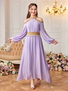 SHEIN Teen Girl Woven Solid Color Splicing Gold Ribbon Tassel Off-Shoulder Long Casual Dress