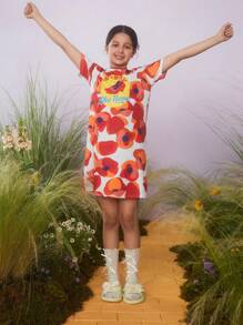 The Wizard of Oz X SHEIN Tween Girl High Heels Floral Full Printed Circle Neckline Nightdress - Multicolor - View 3