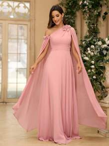 SHEIN Belle 3D Flower, Chiffon, Asymmetrical Neck Bridesmaid Dress With Graceful Sleeves (Heavy Industry) Formal Ball Gown For Women, Elegant Long Sleeve Prom Evening Wedding Guest Dress, For Graduation, Dinner Party Dress