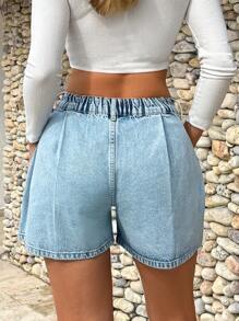 SHEIN Cottnline High  Waist Mini Short  Elastic Band Detail - Light Wash - View 2