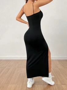 SHEIN PETITE Women's Solid Color High Slit Strap Black Long Dress Dress,Summer Dresses For Women