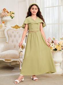 Set di camicia e gonna coordinati per ragazze pre-adolescenti, 2 pezzi, carino, con colletto abbinato, con camicia corta avanti e lunga dietro e gonna