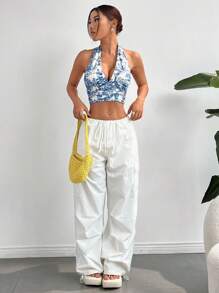 SHEIN EZwear 女士夏季宮廷花卉印花露背背心上衣