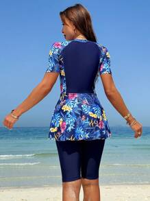 Swim Mulvari Women Summer Beach Tropical Printed Zip-Up Burkini Swimsuit SetArabic Clothing