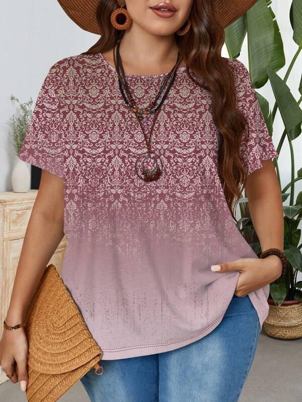 EMERY ROSE Summer Plus Size Women Casual Vintage Floral Pattern Round Neck Loose Short Sleeve T-Shirt