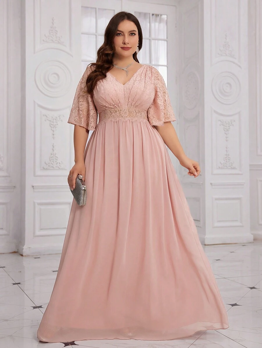 UNITHORSE Plus Size Lace V-Neck Patchwork Ruched Maxi Chiffon Elegant Formal Dress Party Dress Wedding Guest Dress Evening Dress, Bride Dress, Birthday Women Outfits, Graduation Dress,Gown - 藕粉色 - 查看 1