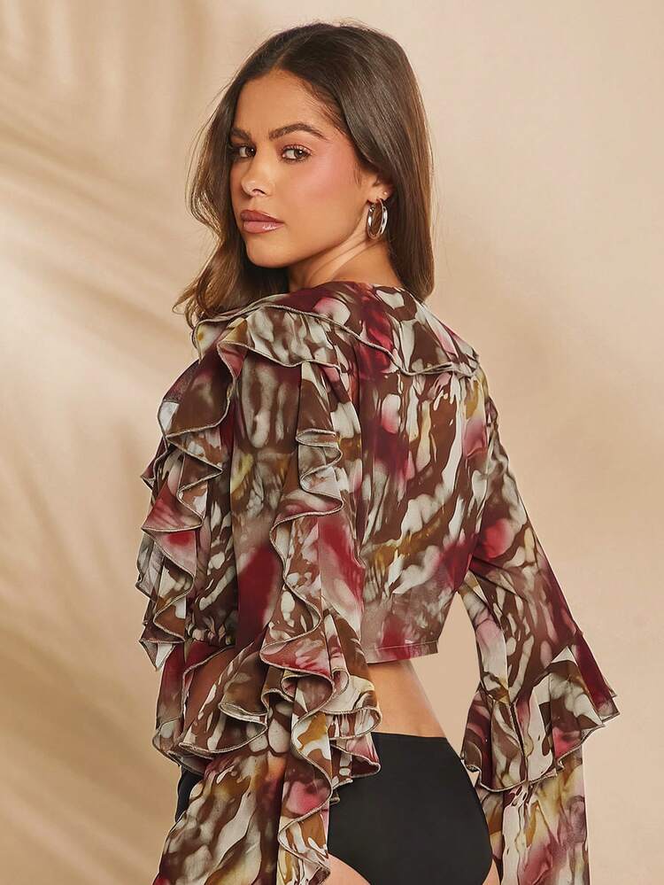 Women's Tie-Dye Long Sleeve Shirt With Flounce Hem And Flared Cuffs For Holiday