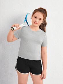 SHEIN Tween Girl Extended Size Casual Sports Short Sleeve Knit Top With Solid Color Round Neckline For Spring/Summer
