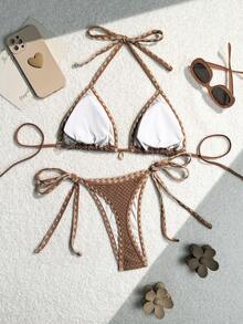 Costavie Set Bikini Seksi Wanita Warna Polos Model Halter Neck, Set Bikini Terpisah, Baju Renang untuk Liburan Pantai Musim Panas - Coffee Brown - View 4