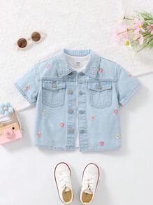 SHEIN Young Girl Summer Shorts, Flower Embroidery Denim Top - Light Wash - View 1