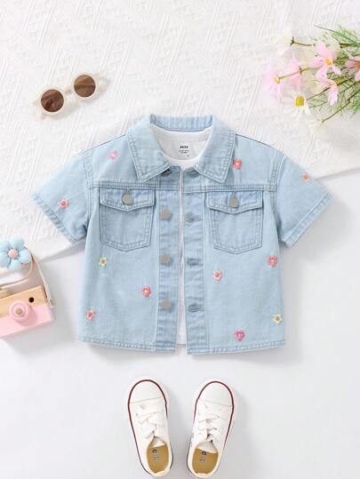 SHEIN Shorts de verano para niña pequeña, parte superior de mezclilla con bordado de flores