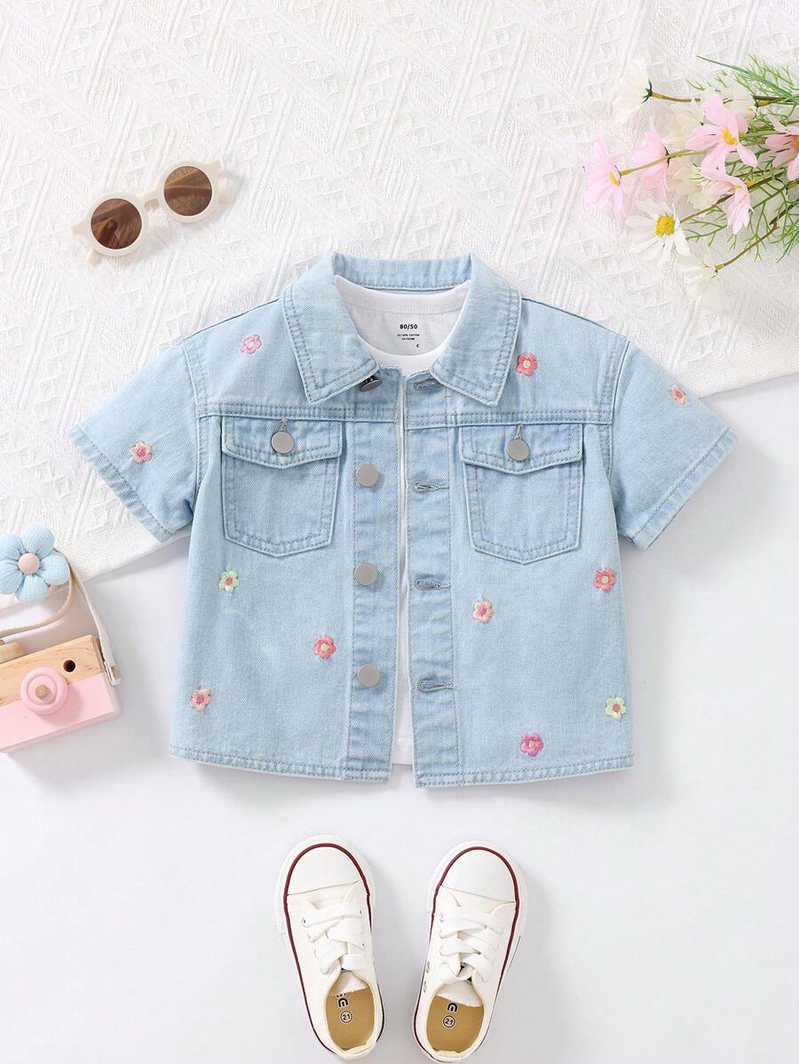 SHEIN Young Girl Summer Shorts, Flower Embroidery Denim Top - Light Wash - View 1