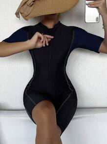 SHEIN Swim Women's Half-Zip Short Sleeve Summer Beach Rashguard With Zipper - Multicolor - View 5