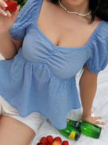 SHEIN Unity Women's Fashion Solid Color Short Sleeve Shirt - Blue - View 5